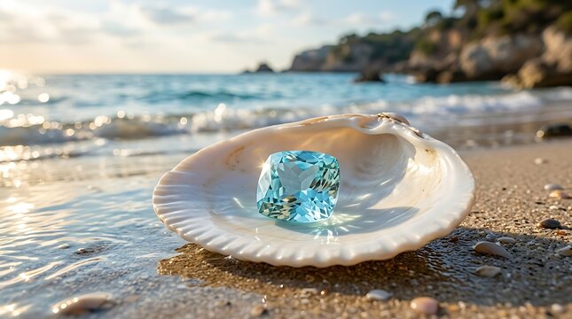 Faceted aquamarine gemstone resting inside a white seashell on a sandy beach