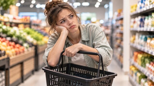 Tired Woman with Shopping Basket Feeling Bored and Overwhelmed in Grocery Store