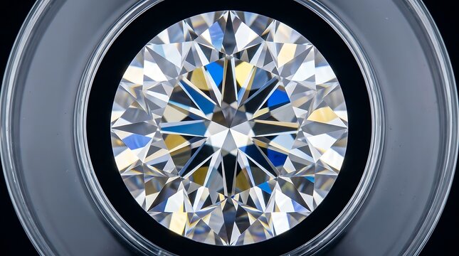Round cut diamond encased in a circular glass lens