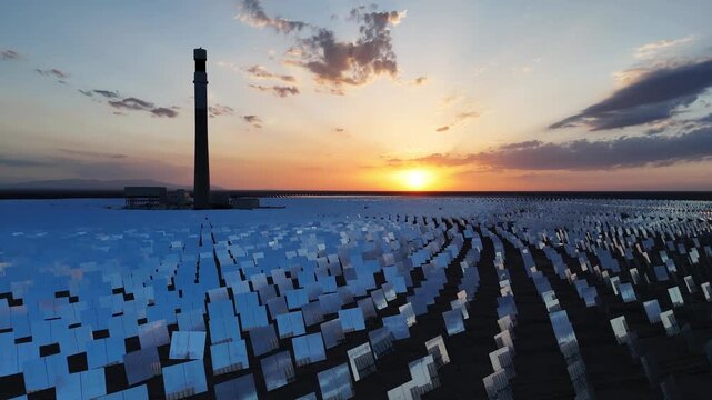 tower solar thermal power station mirror field and high tower landscape
