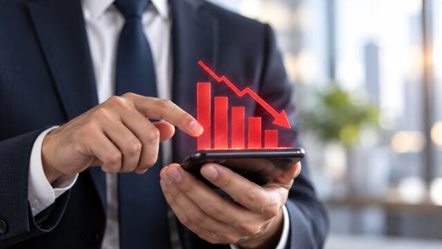 Businessman Using Smartphone with Digital Declining Financial Chart and Downward Arrow