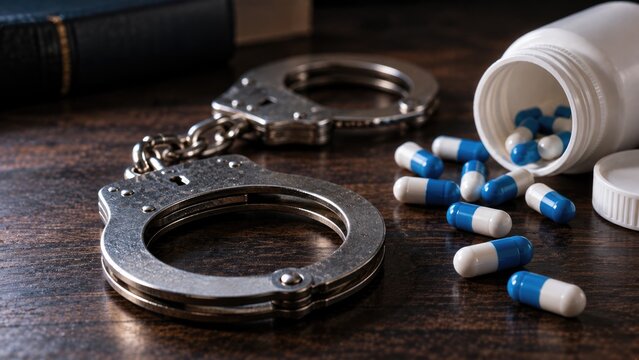 Handcuffs and Prescription Capsules Representing Drug Crime and Illegal Medication
