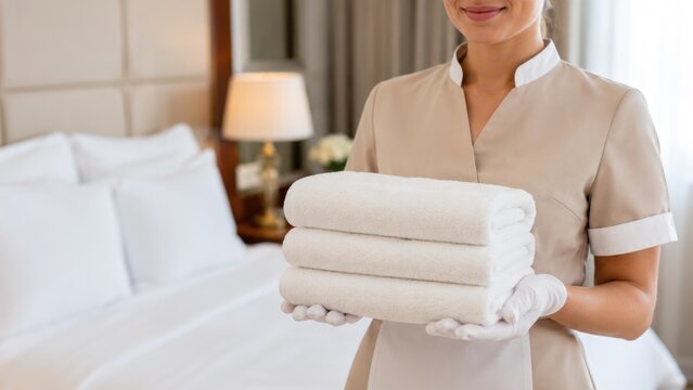 Hotel Housekeeper Holding Fresh Folded White Towels in Clean Guest Room