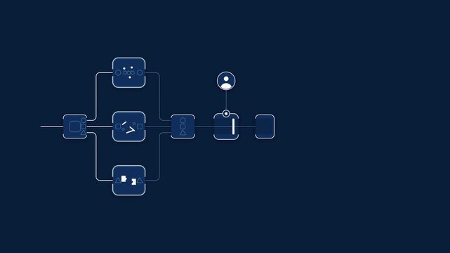 Digital flowchart with nodes and connections on a dark blue background representing data flow and process