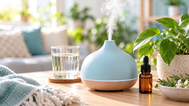 Essential Oil Diffuser Producing Aromatic Mist in Bright Relaxing Home Interior