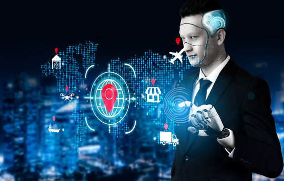 A businessman in a suit integrates artificial intelligence elements to analyze data on a world map, visualizing modern logistics and connectivity in a dynamic urban setting. Nascent