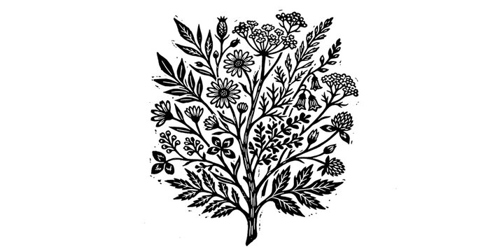 Detailed floral bunch illustration in a classic etching style texture deisng with texture deisng