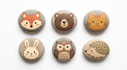 Fototapeta premium painted animal stones collection with cute forest creatures on white background