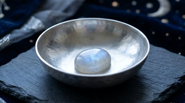 Polished moonstone gemstone resting in a hammered silver bowl