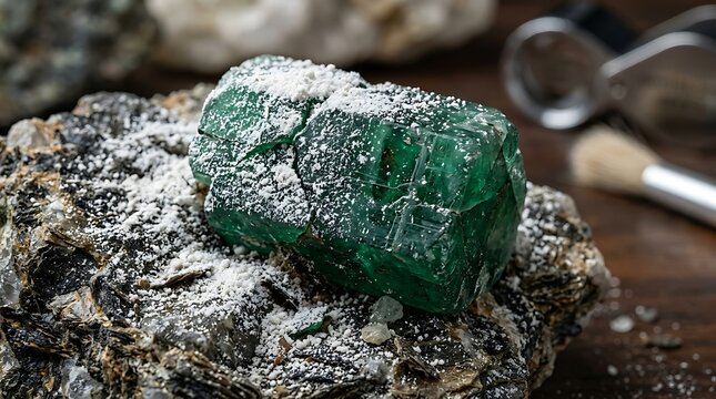 Raw emerald crystal cluster on dark mica matrix with mineral dust