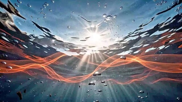 Underwater Sunbeams with Glowing Orange Energy Waves Beneath Ocean Surface