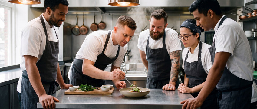Chef team plating a gourmet dish with precision tweezers over a stainless steel prep counter in a busy restaurant kitchen, suitable for culinary hospitality and gastronomy media