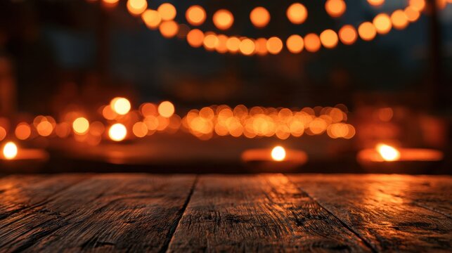 Wooden table surface is empty in the foreground with blurred lights from Diwali festival creating a warm and inviting backdrop for display.