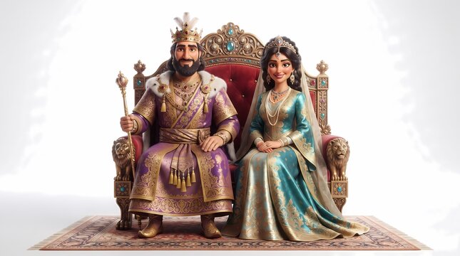 3d character model of a Persian king and queen sitting on ornate royal thrones holding scepters on a Persian rug against a clean light background

