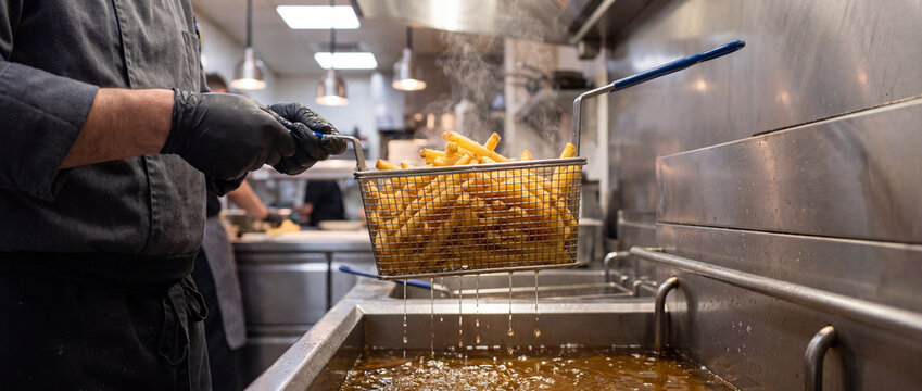 French fries lifted in deep fryer basket by a chef in a commercial restaurant kitchen, with hot oil dripping into stainless steel equipment for fast food culinary concepts