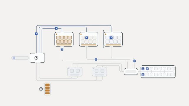 Digital diagram showing interconnected modules and data flow with icons representing processes and connections