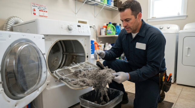 Appliance Technician Removing Lint from Clothes Dryer Filter During Maintenance