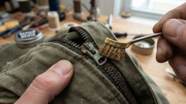 Close Up Manual Cleaning of Rusty Corroded Zipper on Vintage Canvas Bag