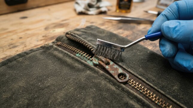 Close Up of Gloved Hand Cleaning Corroded Metal Zipper with Small Wire Brush