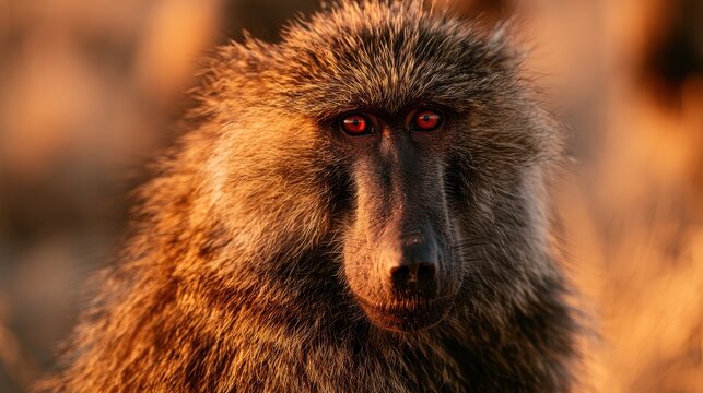 Direct Eye Contact: Baboon Portrait Amid Grassland and Warm Light