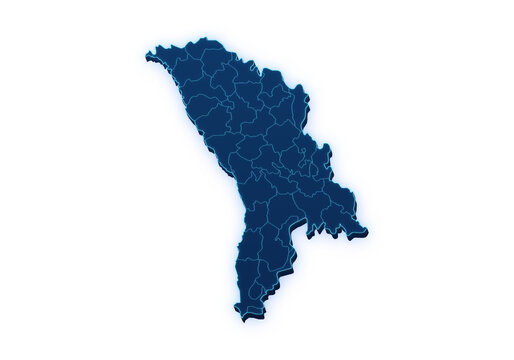 Neon blue pseudo 3D map of Moldova with administrative regions isolated on transparent background
