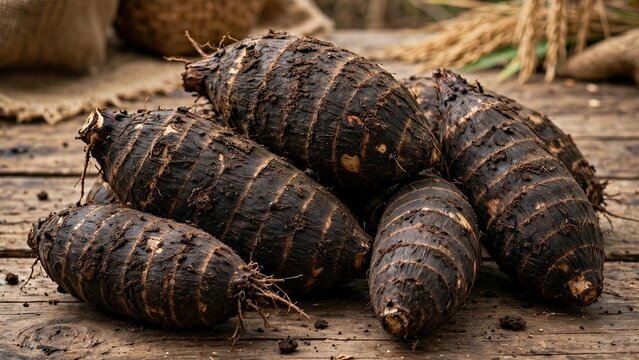 Raw Black Beneng Taro Tuber Freshly Harvested Isolated - Rare Indonesian Xanthosoma`
