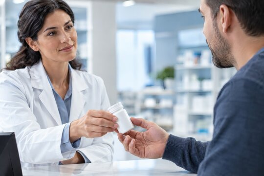 Female Pharmacist Handing Prescription Medicine Bottle to Male Patient in Pharmacy