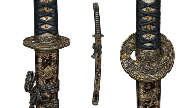 Antique japanese sword with ornate dragon motif and black scabbard