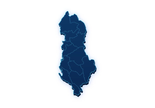 Neon blue pseudo 3D map of Albania with administrative regions isolated on transparent background