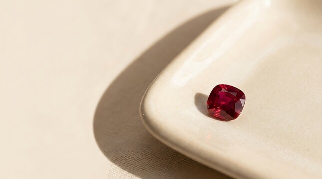 Faceted red ruby gemstone resting on a beige ceramic tray