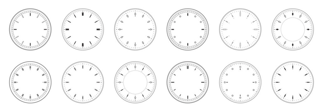 Clock face dials template set blank measuring circle scale isolated mechanical classic template clock set
