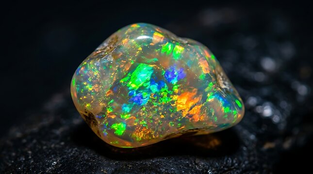 Raw opal gemstone with iridescent fire play on dark rock background
