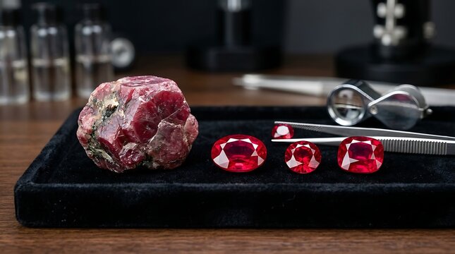Raw ruby crystal and faceted red gemstones on a black velvet tray