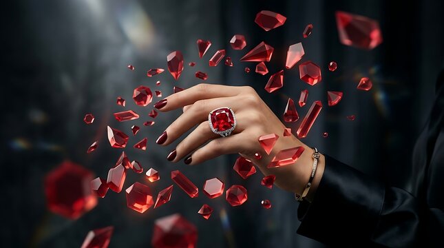 Woman's hand wearing a ruby ring surrounded by floating red gemstones
