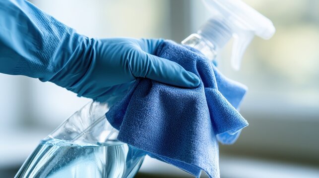 Close-up of gloved hand with blue microfiber cloth and spray bottle for surface disinfection and hygiene