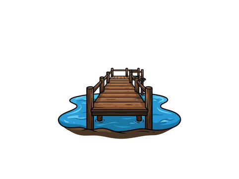 Wooden Pier Over Blue Water Isolated On White Vector Illustration
