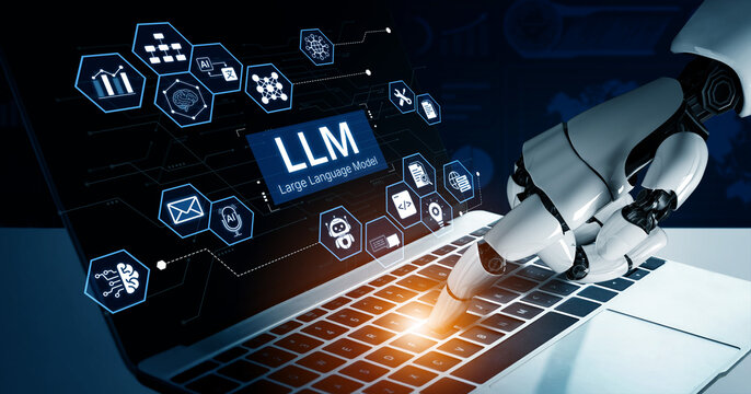 Large Language Model LLM processing data. Represents deep text learning, natural language processing NLP AI tech, transformer architecture, and generative AI deep learning future technology. Corpus