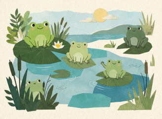 Fototapeta premium Five cute frogs on lily pads in a pond with cattails and sun. Paper cut collage of cheerful amphibians in wetland. Children book illustration. Pond wildlife and spring concept.