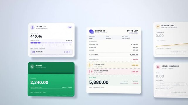 Payroll dashboard animation with payslip, tax deductions and salary deposited into a digital wallet