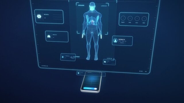 Health app on smartphone projecting a holographic human body scan dashboard with heart rate data