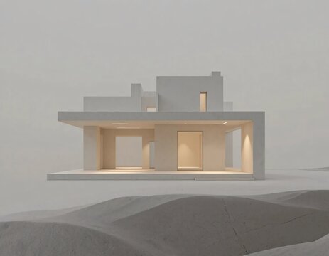 Modern architectural design in miniature, conceptual model of minimalist villa style 3D render.