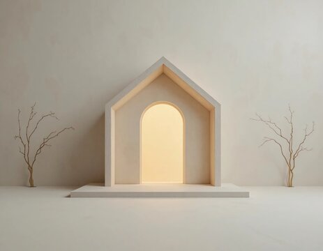 Minimalist wooden house model on neutral background, conceptual 3D render of home and architecture.