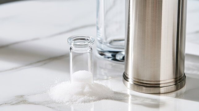 Fructose sample beside stainless steel column white marble, suggesting chromatography sugar analysis and molecular separation within clean laboratory setting with soft daylight and negative space