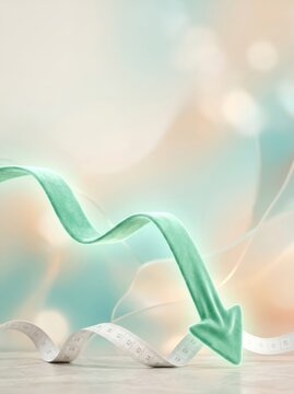 Green arrow pointing down above a measuring tape on pastel background. Weight loss and slimming concept. Body measurement and diet progress. Fitness goal, health and wellness. Copy space.