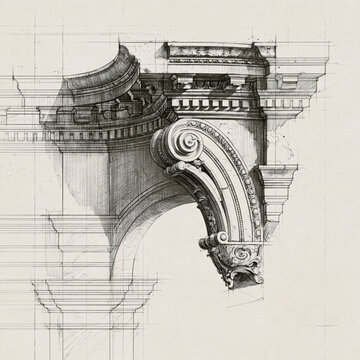 Architectural drawing showing a classical corbel with ornate volutes and intricate moldings, illustrating historical design and construction
