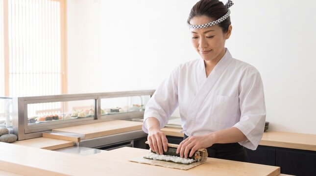 Skilled sushi chef rolling traditional maki roll at modern restaurant counter