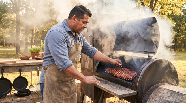 Focused pitmaster tending smoky barbecue ribs on outdoor wood smoker grill