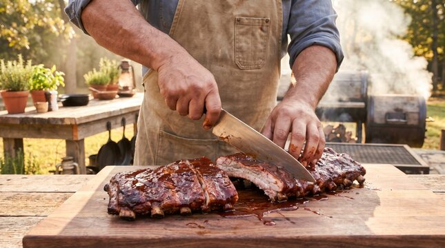 Focused pitmaster slicing smoked barbecue ribs with sharp kitchen knife