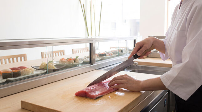 Skilled sushi chef slicing fresh raw tuna fillet on wooden cutting board