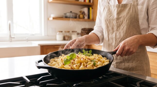 Skilled cook flipping pasta shells with fresh basil in smoking skillet
